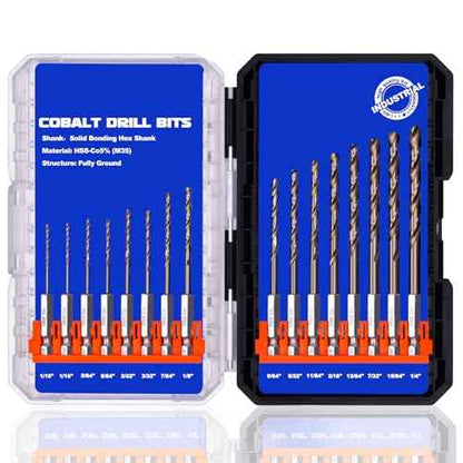 1/4 Hex Shank Cobalt Drill Bit Set 16Pcs 1/16"-1/4", M35 HSS Impact Driver Drill Bits for Metal and Hardened Steel, with Indexed Storage Case