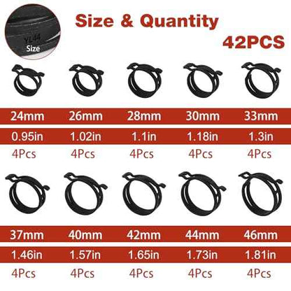 42Pcs 24-46mm Spring Hose Clamps With Swivel Flat Hose Clamp Plier Hose Removal Pliers Assortment kits -10 Large Sizes Fuel Line Clamps Made of Chrome Vanadium Steel