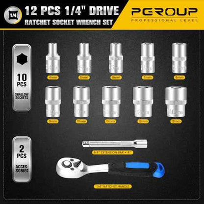 12PCS 1/4" Drive Metric Socket Wrench Set, 90-Tooth Reversible Ratchet Handle£¬6 Point Shallow Sockets (4-13mm) and Extension Bar 4", CR-V Steel, Tool Set For Car,Motorcycle,Bike Repair