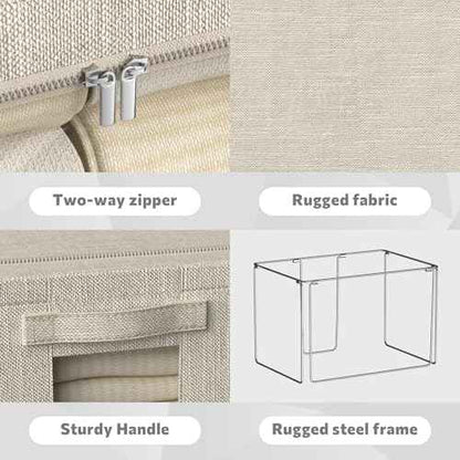 FHSQX 6 Pack Clothes Storage Bins with Metal Frame Foldable Storage Bins for Clothes Linen Fabric Storage Box with Clear Window (Beige, 15.7x11.8x7.8inch(22L))