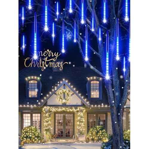 Minetom Solar Meteor Shower Lights 20 Tubes 16 Inch 720 LED Solar Christmas Lights Outdoor Waterproof, Snow Cascading String Lights for Outside Christmas Halloween House Tree Decoration, Blue