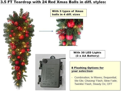 3.5 Feet Pre-lit Christmas Ornament Artificial Pine Teardrop w 23 Red Balls Real Grapevine Base (30 LED Lights, 8 Flash Options) for Xmas Decor at Shop Home Table Cabinet Door Wall Window (Battery)
