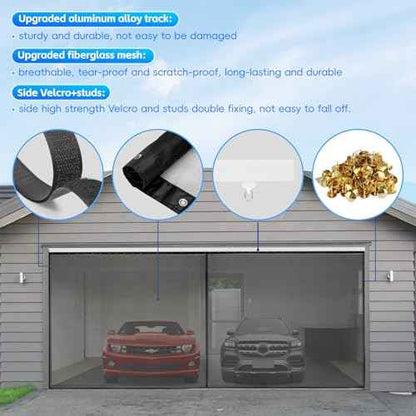 Sliding Garage Door Screen with Track for 2 Car,16 * 7 FT Garage Screen Door Retractable Privacy Garage Door Curtain Keep Annoying Animals Out,Heavy Duty Fiberglass Mesh Sliding Garage Screen