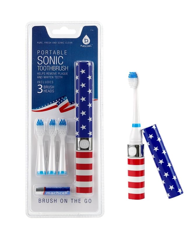 Pursonic Portable Sonic Toothbrush Battery Operated, Battery Included, 3 Brush Heads Included, 22,000 Strokes Per Minute, Brush On The Go (Blue)