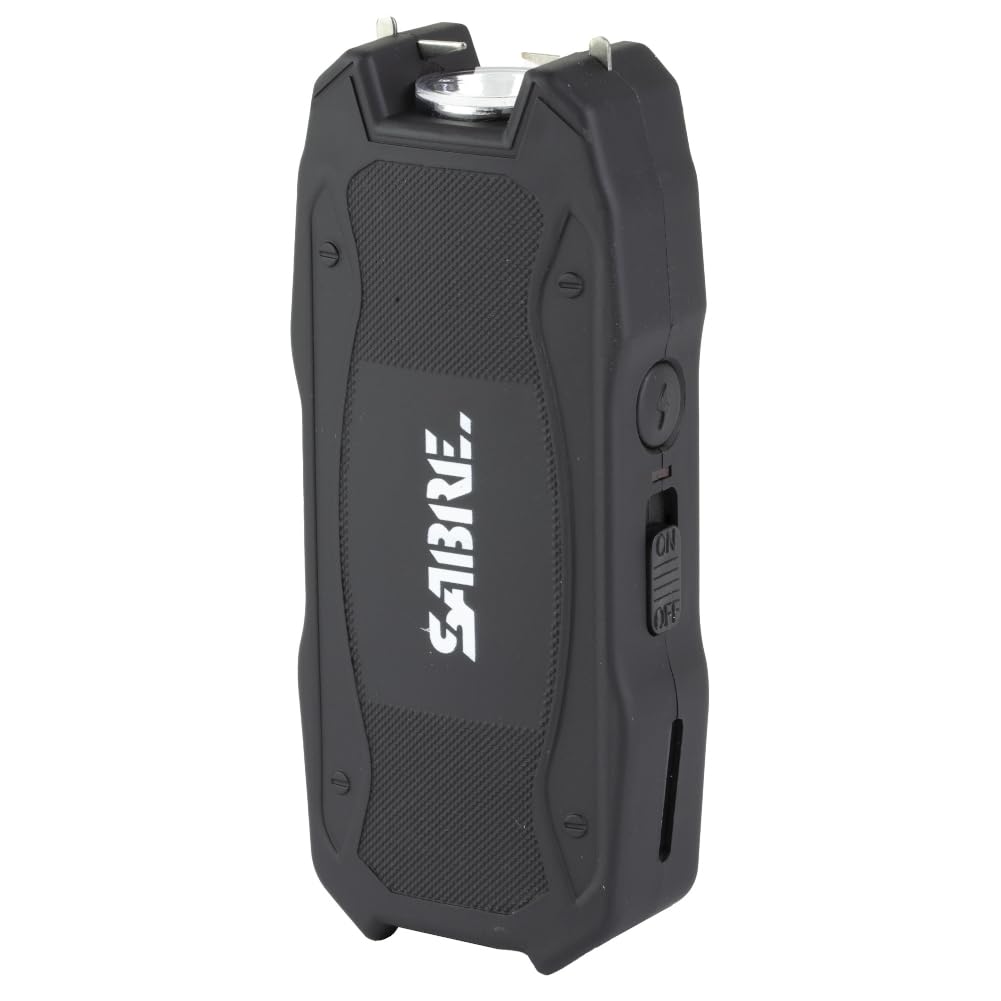 Sabre Stun Gun with Flashlight and Battery Strength Indicator, 1.552 Microcoulombs (µC) Charge, 120 Lumen Flashlight, Increased Reliability, Safety Switch, Rechargeable, Compact Design, Black