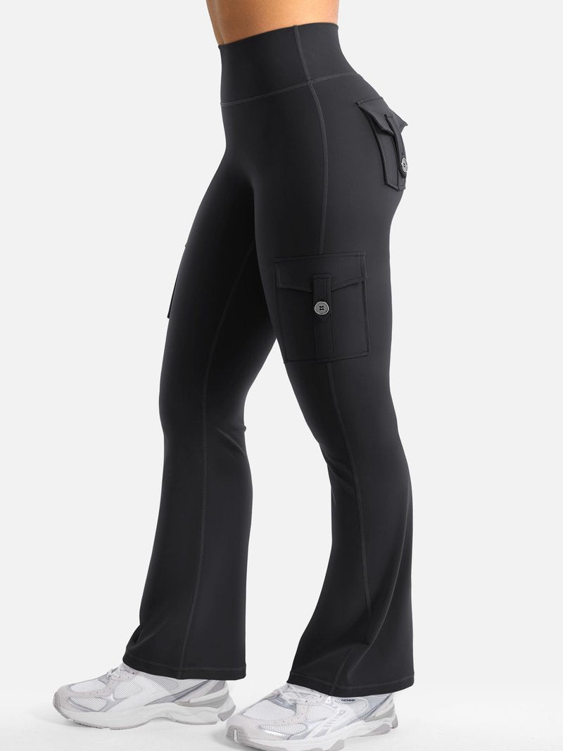 YEOREO CoreFlex Women Workout Flare Leggings with Pockets Scrunch Cargo Gym Yoga Leggings Black L