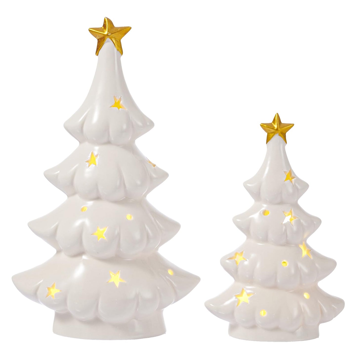 WDS WONDROUS Ceramic Christmas Tree White with Lighted Decor, 2 Pcs Christmas Trees Figurines with Lights, Small Xmas Tree with Star for Tabletop Mantel Shelf Fireplace