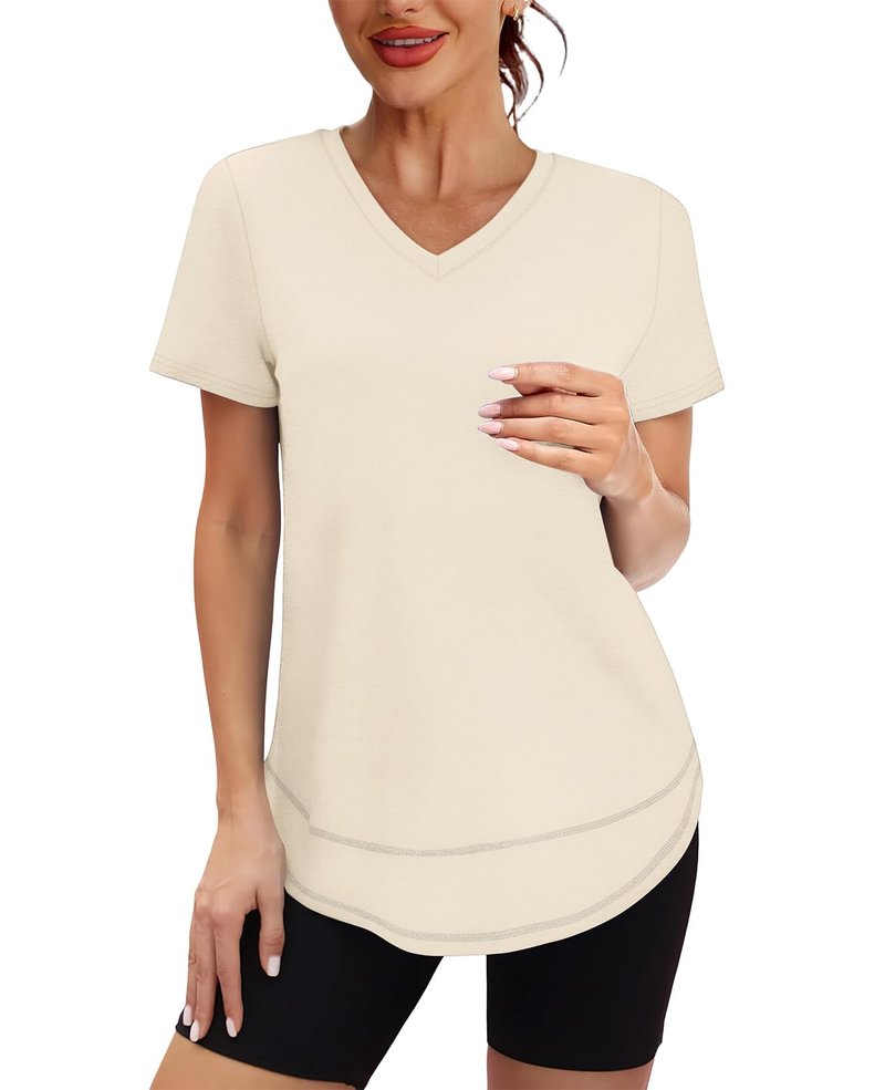 Short Sleeve Shirts for Women Workout Pilates Outfits Tennis Summer Tops 2026 Beach Vacation Clothes V Neck White M