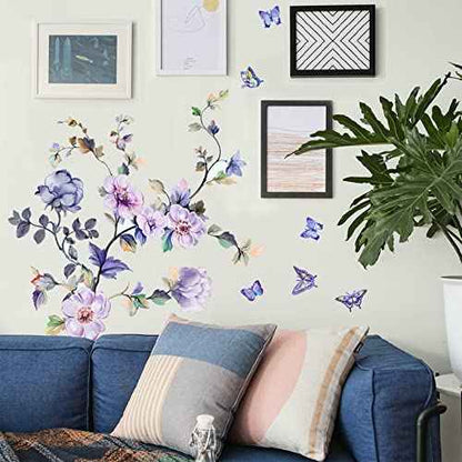 hanlongyu Purple Flower Wall Decals, Removable Fresh Flower Wall Stickers Peel and Stick Removable DIY Floral Butterflies Decals Tree Leaves Plant Wall Art Stickers Murals for Home Decor