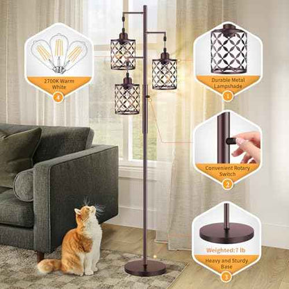 68" Dimmable Floor Lamp, Farmhouse Standing Lamp with Elegant Metal Cage, Industrial Tall Tree Floor Lamps for Living Room, Bedroom, Study Room, Office (2000LM LED Bulbs Included) - Brown