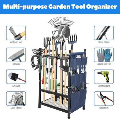 Garden Tool Rack Freestanding, Heavy Duty Garden Tool Organizer, 3-tier Tool Rack, Multifunctional Yard Tool Storage with Hooks and Storage pockets for Outdoor Long-Handled Broom Shovel Rake