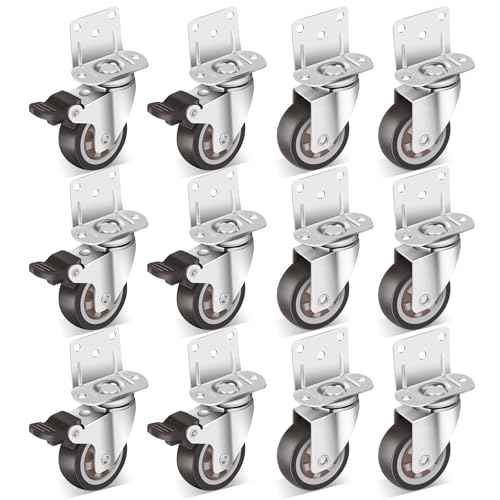 Nefish 2 Inch Side Mount Casters Wheels 12 Pack, L-Shaped Rubber Casters Wheels for Furniture, Plate Castors 2 X 4, Durable Heavy Duty Castor Wheels for Cabinet, Boxes, DIY, Desk, Table, Crib