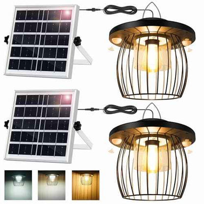Solar Shed Lights with 2 Motion Sensors, Classic Metal Solar Chandelier Outdoor with 5 Lighting Modes, Waterproof Pendant Lamp with Remote Control for Gazebo, Garden, Patio, Barn(16.4FT Cord, 2 Pack)