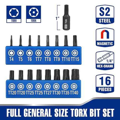 WORKPRO 16pcs Security Torx Bit Set, S2 Steel Star Bit Set, CNC Machined 1" Tamper Proof Torx Screwdriver with Magnetic Tips, 1/4 Inch Hex Shank, Tamper Resistant Fastener Driv in Storage Box