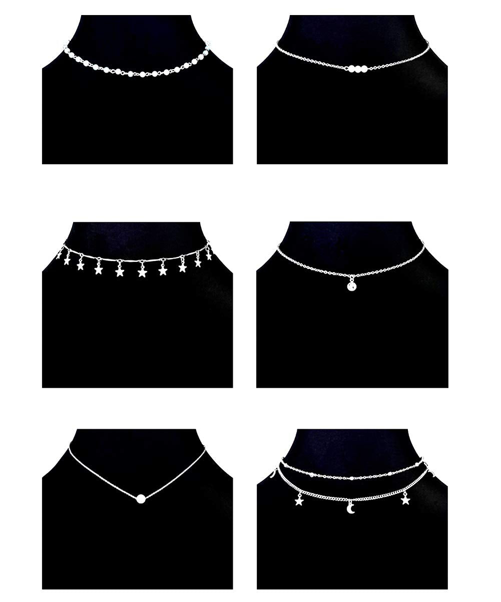Ofeiyaa 12pcs Chain Gold Bead Necklace Coin Moon Star Pearl Pendant Chain Choker Multilayer Necklace Leather Cord Set for Women Men Adjustable Tone