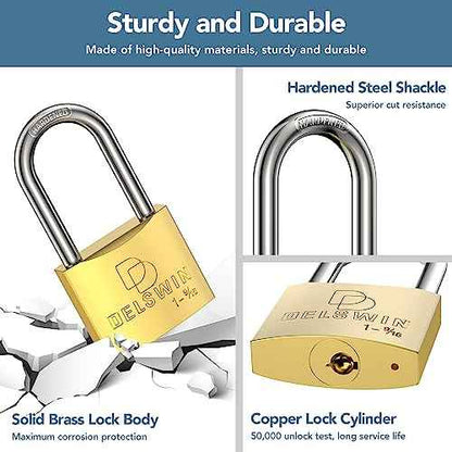 DELSWIN Weatherproof Padlock with Key (Keyed Alike) - Heavy Duty Solid Brass Locker Lock with 1-9/16" Long Shackle, Marine Grade Pad Lock for Outdoor Gate, Fence, Shed (4 Pack)