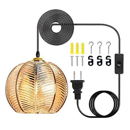 Plug in Glass Pendant Light Mid-Century Modern Striped Amber Glass Hanging Ceiling Lighting Fixture with 14.7FT Cord, Globe Decor Chandelier For Living Room, Bedroom, Dining Hall, Kitchen (Amber)