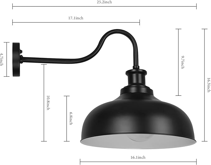 Dusk to Dawn Outdoor Gooseneck Barn Light,16 Inch Dome Outdoor Wall Sconce Farmhouse Exterior Wall Mount Light Wall Lighting Fixture Industrial Black Wall Lantern for Porch Garage, 3 Pack