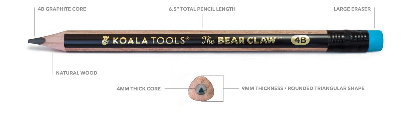 KOALA TOOLS | Bear Claw Pencils 1-Pack (6 Pencils) - Fat, Thick, Triangular Grip, Extra-Fat 4B Graphite Core with Eraser - Suitable for Kids, Art, Drawing, Drafting, Sketching & Shading