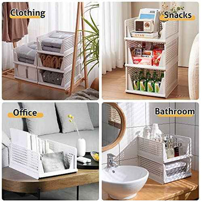 Stackable Plastic Storage Basket-Foldable Closet Organizers and Storage Bins - Drawer Shelf Storage Container for Wardrobe Cupboard Kitchen Bathroom Office (White Small-4 Pack)