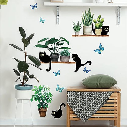Green Potted Plant Cute Black Kitten Wall Stickers, sacinora Cat Cartoon Animal DIY Wall Decals Removable Vinyl Peel and Stick for Living Room Children's Room Bedroom Kitchen Decorations