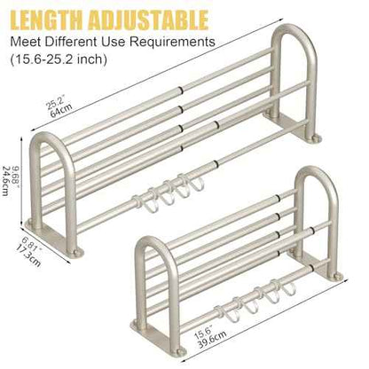 BESy Adjustable 15-25 Inch Towel Rack with Shelf for Bathroom and Lavatory Towel Shelf Double Towel Bar Rod 4 Hooks Wall Mount Multifunction Towel Holder Hotel Style Stainless Steel Brushed Nickel