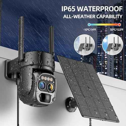 Hawkray Pannel Solar Wireless Outdoor Security Camera£¬ Dual-Lens, 10xZoom, 2K Resolution 3MP 360¡ÆPan/Tilt£¬2.4&5G WiFi Battery Powered Camera with Spotlight Alarm PIR Motion Detection