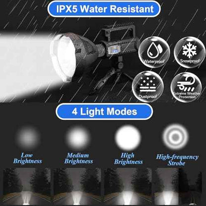 Rechargeable Spotlight Flashlight High Lumens 3,000,000L, Super Bright Led Spot Light Outdoor with Adjustable Tripod, 4 Modes High Powered Handheld with USB C, Waterproof for Boat, Emergency