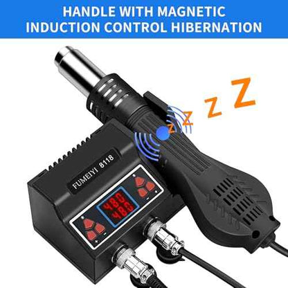 8118 Soldering Station Kit: Includes an 8118 hot air gun, 2 rolls of solder wires, 5 soldering tips, a simple stand, a desoldering pump, and a pair of curved tweezers