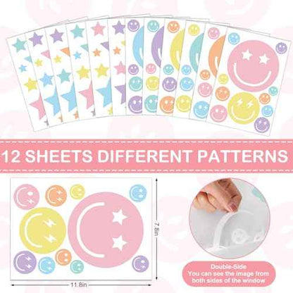 Whaline 12 Sheets Preppy Wall Stickers Pastel Smile Face Star Wall Decals Aesthetic Room Mural Stickers for Party Home Nursery, 7.9 x 11.8 Inch