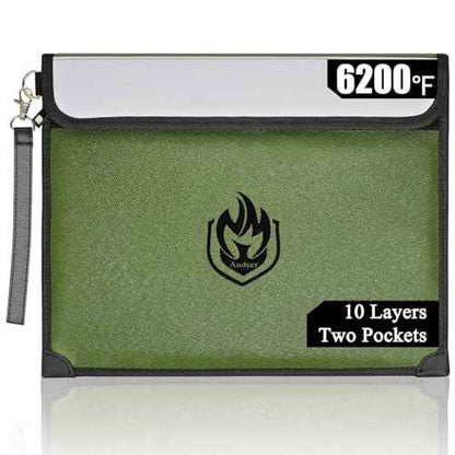 2 Pockets Fireproof Document Bag 6200¡ÆF, 10 Layers Waterproof Fireproof Money Bag for Cash with Reflective Strip, Heat Insulated Waterproof Document Holder Pouch, Fire Safe Storage (Green)