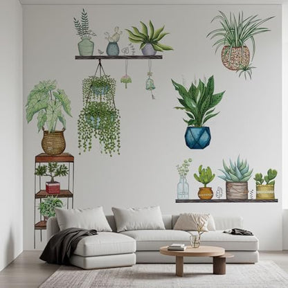Green Plants Potted Wall Decals Tropical Plants Green Leaves Wall Stickers, DIY Vinyl Nature Wallpaper, for Living Room Background Wall Decoration Kids Bedroom Kitchen Office Girl Room