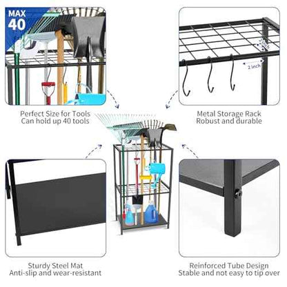 Garden Tool Organizer - Yard Tool Storage and Organizers, Utility Rack with 3 Hooks, Garden Yard Tool Stand Tower Racks, Tool Holder for Broom, Shovel, Rake, Mop, Garage Organization, Black