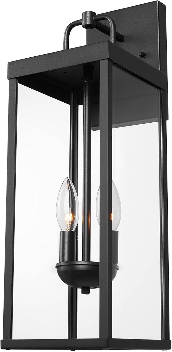 Outdoor Wall Sconce Light, 20 Inch Tall Transitional Exterior Wall Bracket Lighting with Clear Glass, Anti-Rust Powder Coat Black Modern Outside Lantern for Front Porch Corridor Doorway Patio