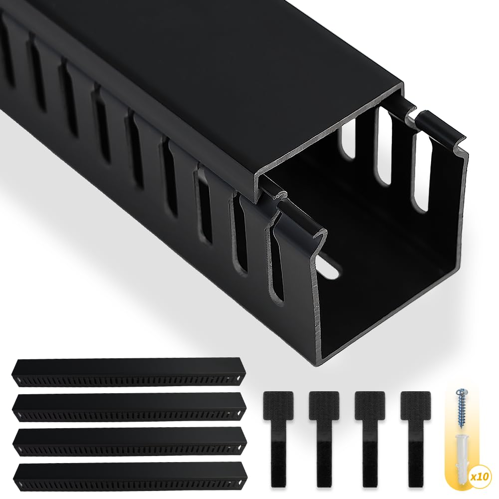 Cable Raceway, 95" Open Slot Cable Management Kit with Upgraded Snap Structure,Wire Cover Cord Hider for Under Desk&Industrial Network/PC/TVs- 23.6" X 1.97" X 2.4" X 4PCS (LWH,Black)