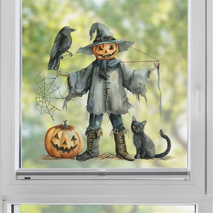 2 Sheets Halloween Wall Stickers Pumpkin Scarecrow Crow Black Cat Spider Wall Decals,Peel and Stick Vinyl Wall Decor for Halloween Party Decoration Festive Atmosphere(23.6"x11.8"Each)