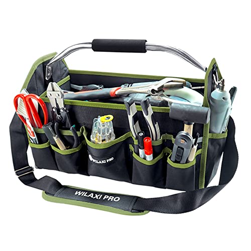 16in Foldable Open Top Tool Tote, Tool Bags For Men Heavy Duty, Tool Carrier tool bag hard With Handle, Wide Mouth Electrician Tool Tote, Many Pockets Can Hold Many
