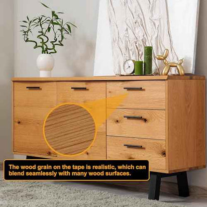 HARFINGTON Wood Grain Repair Tape 4 Inch x 33ft Self Adhesive Repair Patch Tape Simulated Wooden Floor Tapes with Plastic Scraper for Tables Doors Windows Furniture, Brown Wood