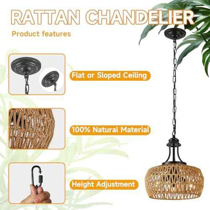 Chandeliers for Dining Room, 3-Light Boho Chandelier with Wicker Lampshade, Adjustable Height Coastal Chandeliers, Vintage Pendant Lighting for Kitchen, Bedroom.(Brown)