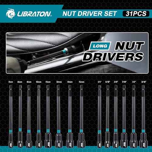 LIBRATON 31PCS Magnetic Nut Driver Set, 1/4" Impact Drill Driver Bit Set, Long Nut Drivers 6INCH, Metric & SAE Nut Drivers for Impact Drill, Socket Set, Impact to Hex Converter, PH1, PH2, Storage Box