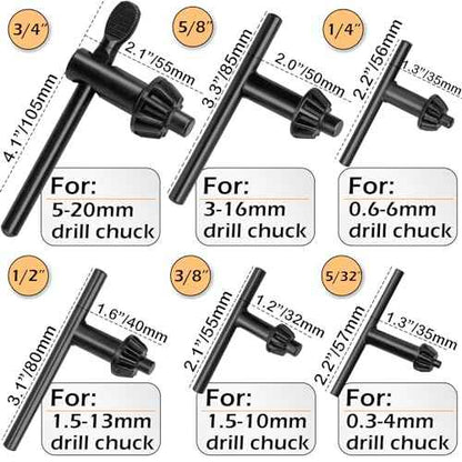 Replacement Drill Chuck Key Wrench Electric Drill Clamping Tool Heavy Duty Solid Carbon Steel Thumb Handle Chuck Key (Chuck Diameter: 3/4" / 5/8" / 1/2" / 3/8" / 1/4" / 5/32") - 6 Sizes