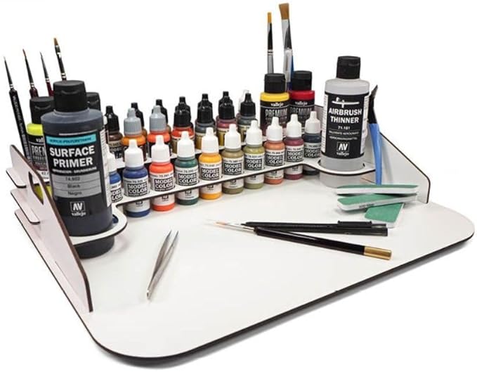 Vallejo - Paint Display and Work Station 40 x 30 cm | Capacity for 24 Bottles of 18 ml. (0.6 fl.oz.) 4 of 35 ml. (1.18 fl.oz.) or 60 ml. (2.02 fl.oz.) 2 of 200 ml. (6.76 fl.oz.) and 10 Brushes