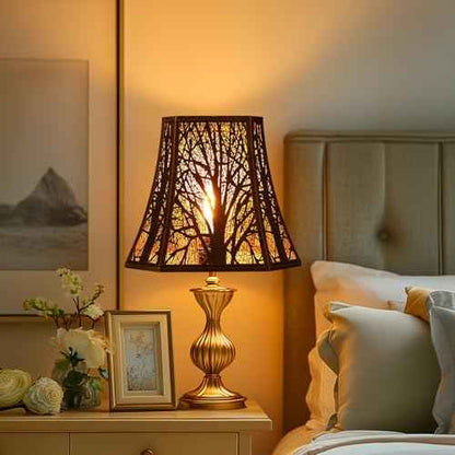 Square Cut Corner Metal Lamp Shades, 7" Top x 12" Bottom x 10.5" High Medium Bell Lampshade (Spider Fitter), Etched Forest Lampshades for Table Lamps and Floor Lamps, Bronze Gold Tree Pattern