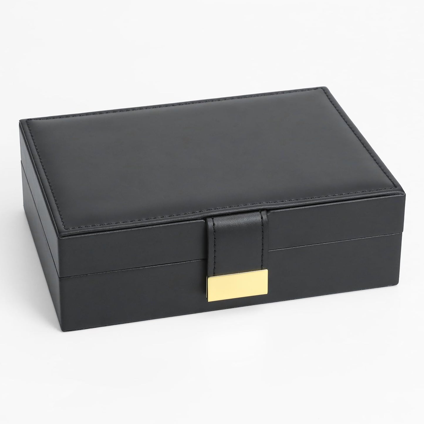 V-LAFUY Leather Strap Closure Jewelry Box Single Layer Organizer Case for Necklaces, Earrings, Rings, Compact for Travel & Home Storage Black