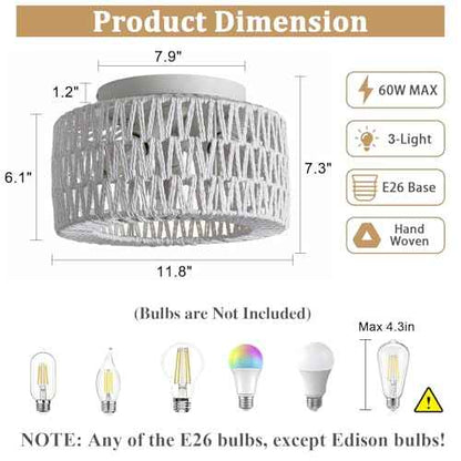 Rattan Light Fixtures Ceiling Mount, 3-Lights Boho Flush Mount Ceiling Light, Hand-Woven Cage Shade Lamp Lighting, Rustic Rattan Chandelier for Hallway Bedroom Kitchen Farmhouse Foyer Entryway (White)