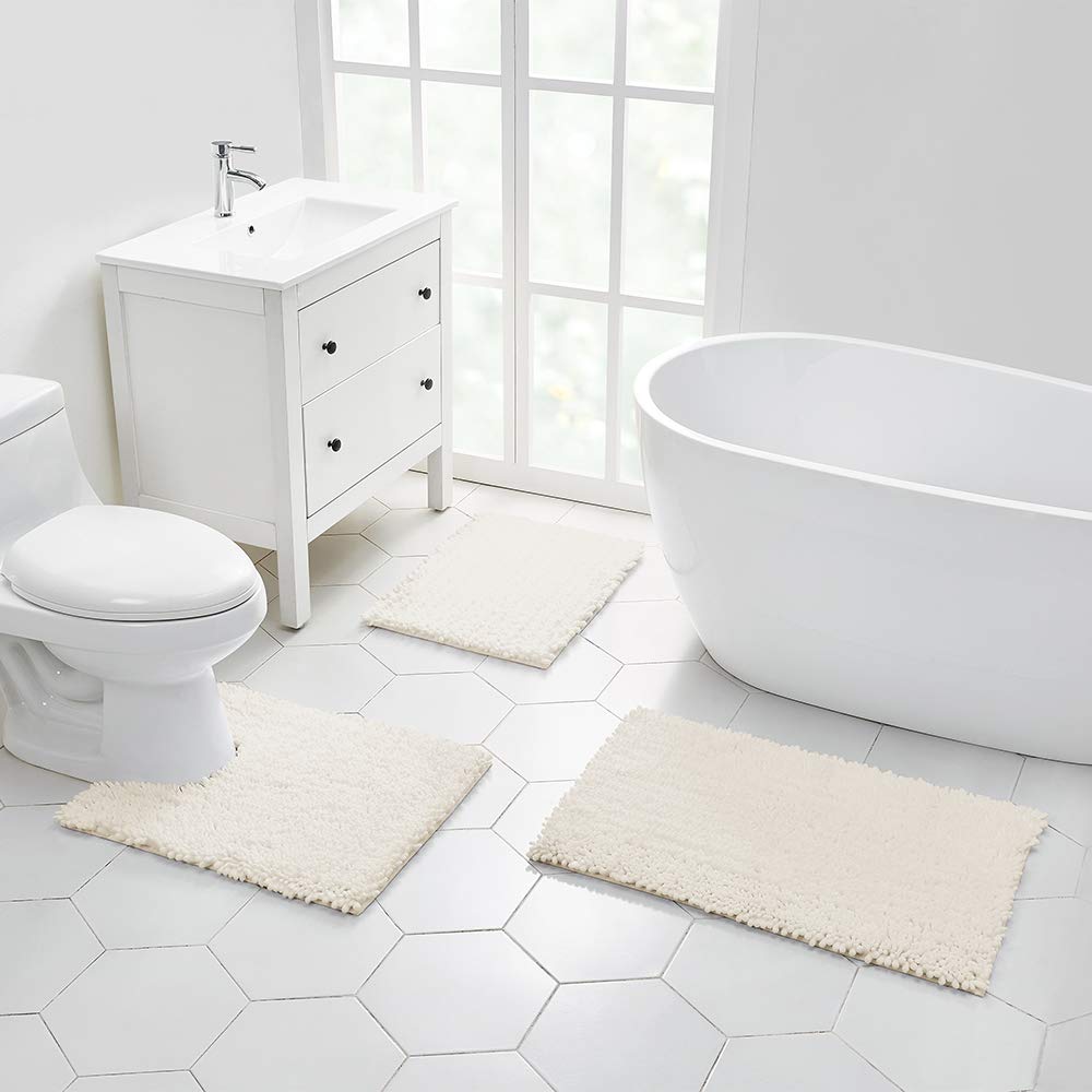 Walensee Bathroom Rug Non Slip Bath Mat (24x17 Inch Ivory) Water Absorbent Super Soft Shaggy Chenille Machine Washable Dry Extra Thick Perfect Absorbant Best Small Plush Carpet for Shower Floor