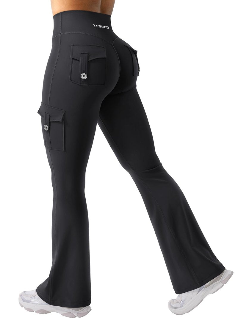 YEOREO CoreFlex Women Workout Flare Leggings with Pockets Hidden Scrunch High Waisted Cargo Gym Yoga No Front Seam Leggings Black XL