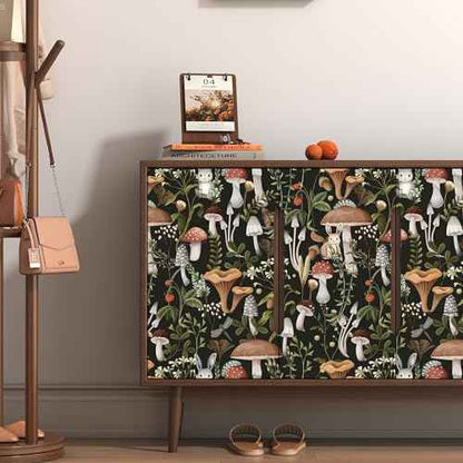 Mushroom Wallpaper Peel and Stick Wallpaper Black 17.7" x 78.8" Self Adhesive Removable Wall Paper Leaf Forest Mushroom Contact Paper for Countertops Decor