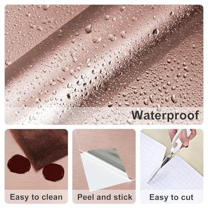 Rose Gold Stainless Steel Contact Paper for Kitchen Pink Metallic Wallpaper Waterproof Brushed Metallic Wall Paper Textured for Kitchen Backsplash Cabinets Countertops Fridge Appliances