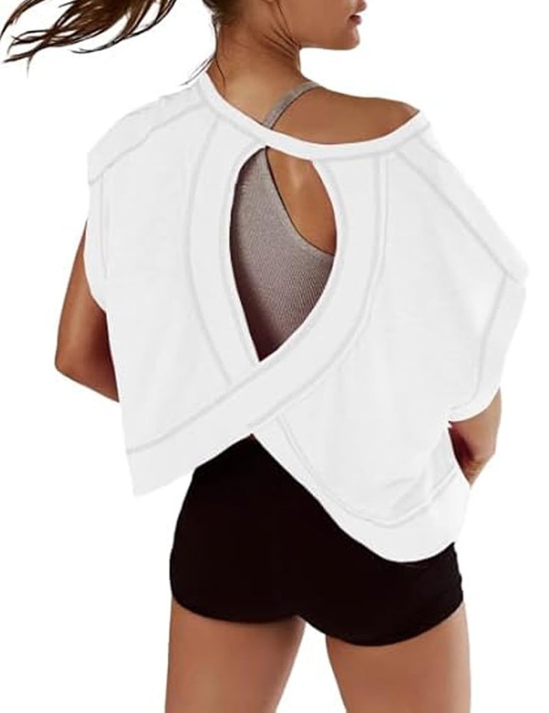 VIEWON Womens Workout Top Open Back Short Sleeve Backless T Shirts Gym Yoga Tee Y2k Crop Tops White S